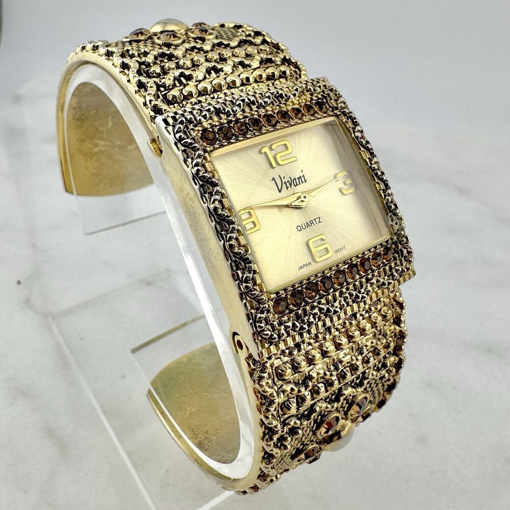 Vivani Cuff Watch Women Crystals / Gold Tone 29mm - Working - Has New Battery